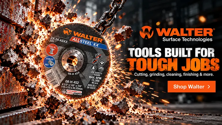 walter banner Walter Surface Technologies abrasive wheel smashing through steel with sparks, promoting tools for cutting, grinding, cleaning and finishing.